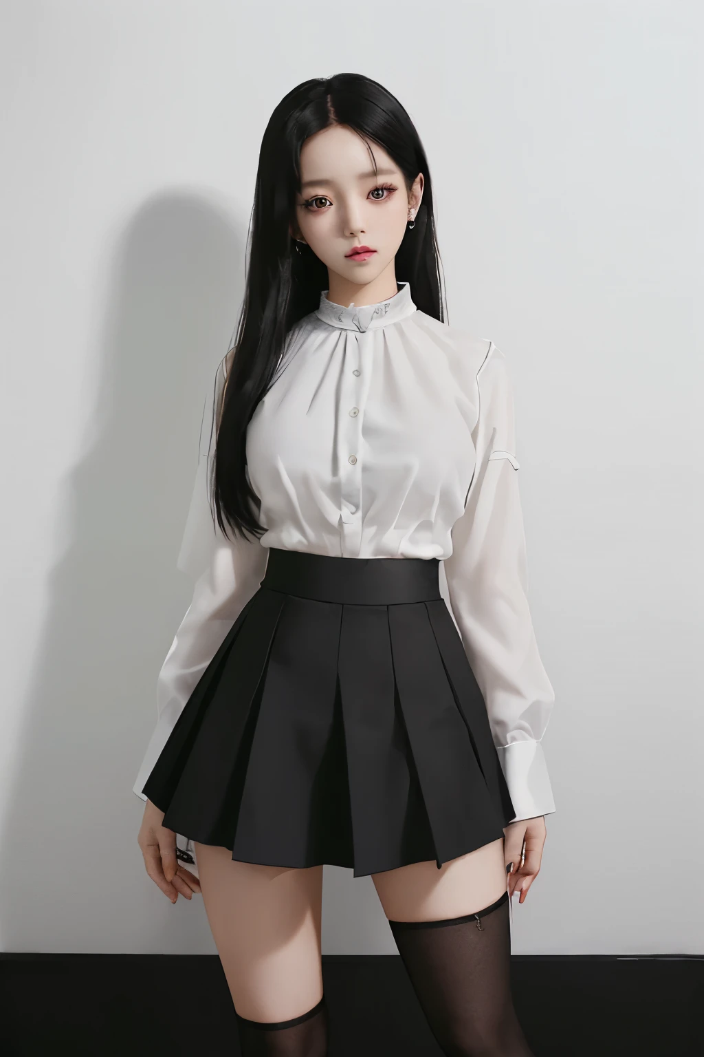 arafed woman in a white shirt and black skirt posing for a picture, open v chest clothes, wearing a blouse, jisoo from blackpink, wearing a cute top, intriguing outfit, her wardrobe is attractive, wearing skirt, dressed with long fluent clothes, cruel korean goth girl, hands behind her body pose!, tiktok video, with straight black hair, wearing tight simple clothes