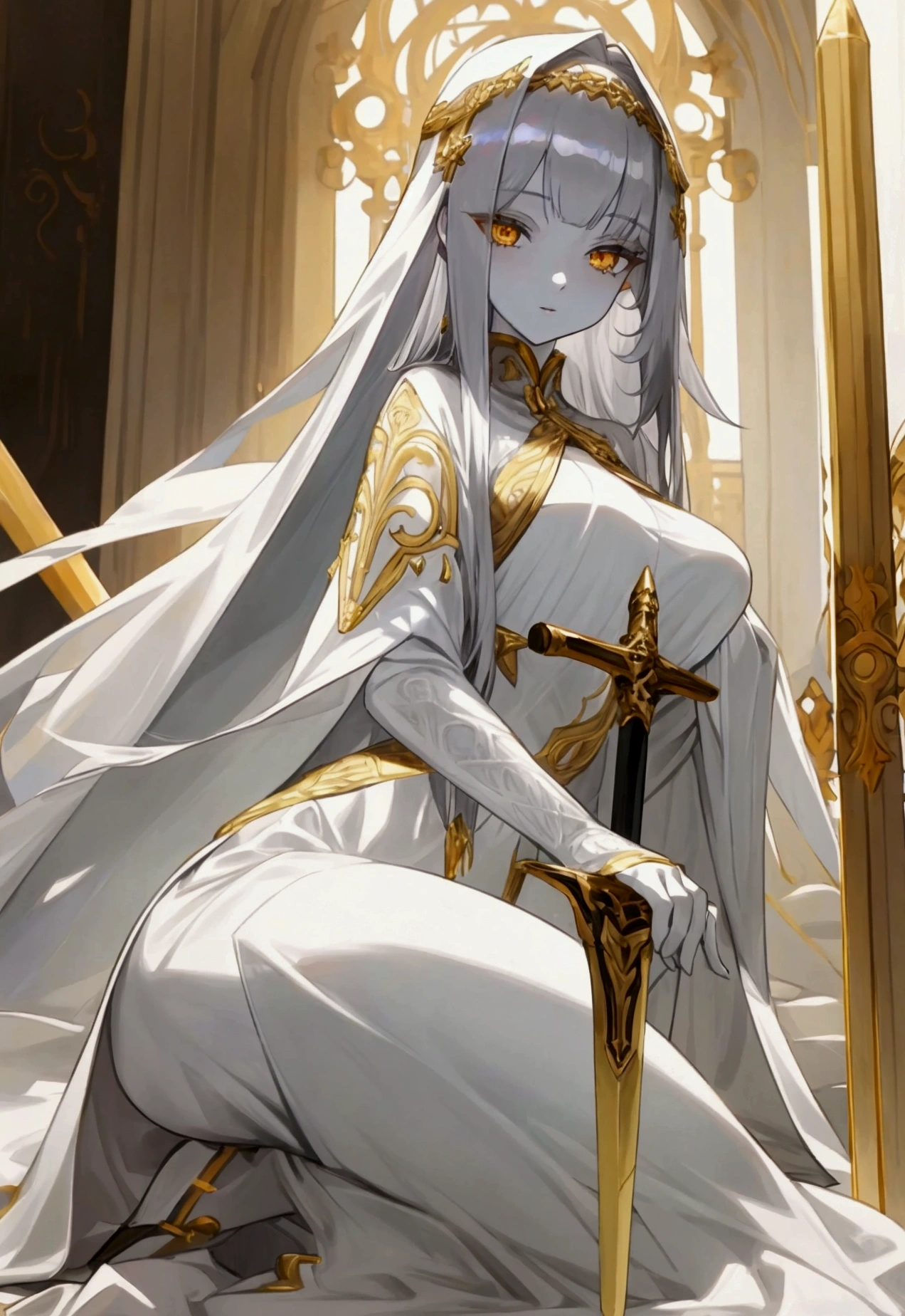 woman, 20's, beautiful, saint, silver hair, golden eyes, bangs, long hair, white chlotes, had silver sword, medium breast, white skin