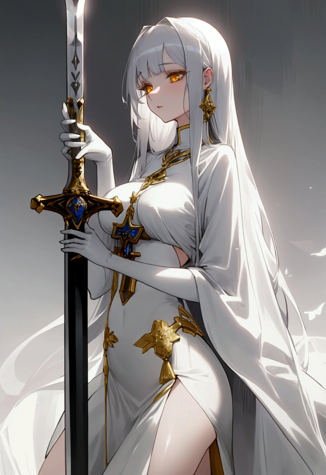 woman, 20's, beautiful, saint, silver hair, golden eyes, bangs, long hair, white chlotes, had silver sword, medium breast, white skin