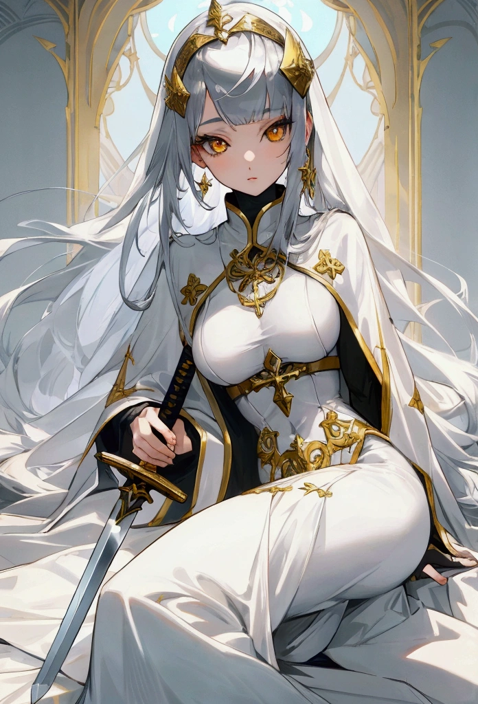 woman, 20's, beautiful, saint, silver hair, golden eyes, bangs, long hair, white chlotes, had silver sword, medium breast, white skin
