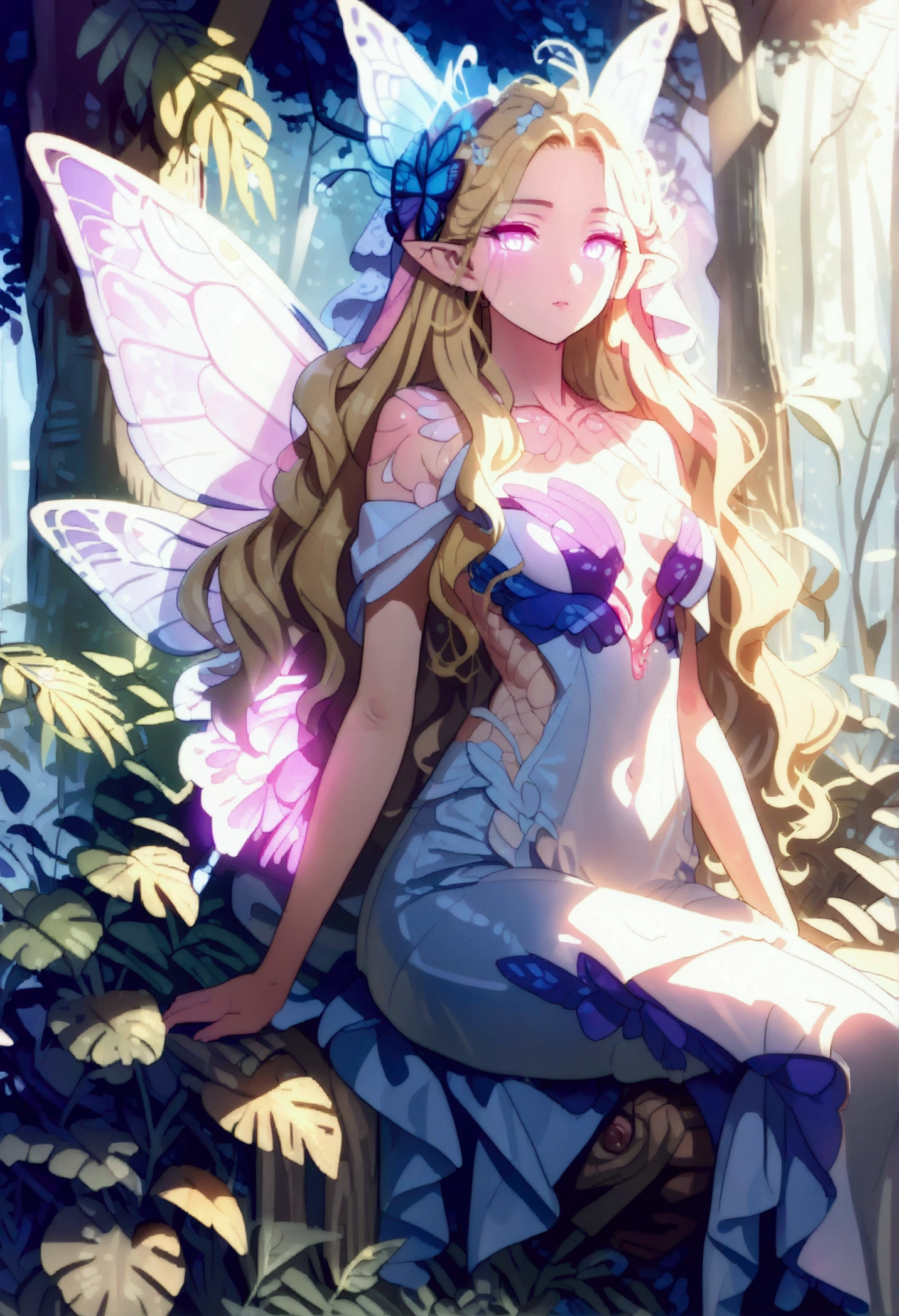 a picture of a jungle fairy, an extraordinary beautiful, elegant beauty, divine beautiful fairy, ((anatomically correct: 1.5)) spread butterfly wings, blue and purple wings, pink eyes, glowing eyes, (ultra detailed face: 1.2), best detailed face,  blond hair, rich hair, wavy hair, glamour dress, wild dress, dress decorated with jungle flowers,  sitting on massive heliconia tree the rain forest, sun rays coming through the trees, Hyperrealism style, vibrant, Ultra-high resolution, High Contrast, (masterpiece:1.5), highest quality, Best aesthetics), best details, best quality, highres, ultra wide angle, 16k, [ultra detailed], masterpiece, best quality, (extremely detailed) RAW, chumbasket art style, FairyTaleAI, fairy wings, chumbasket art style 