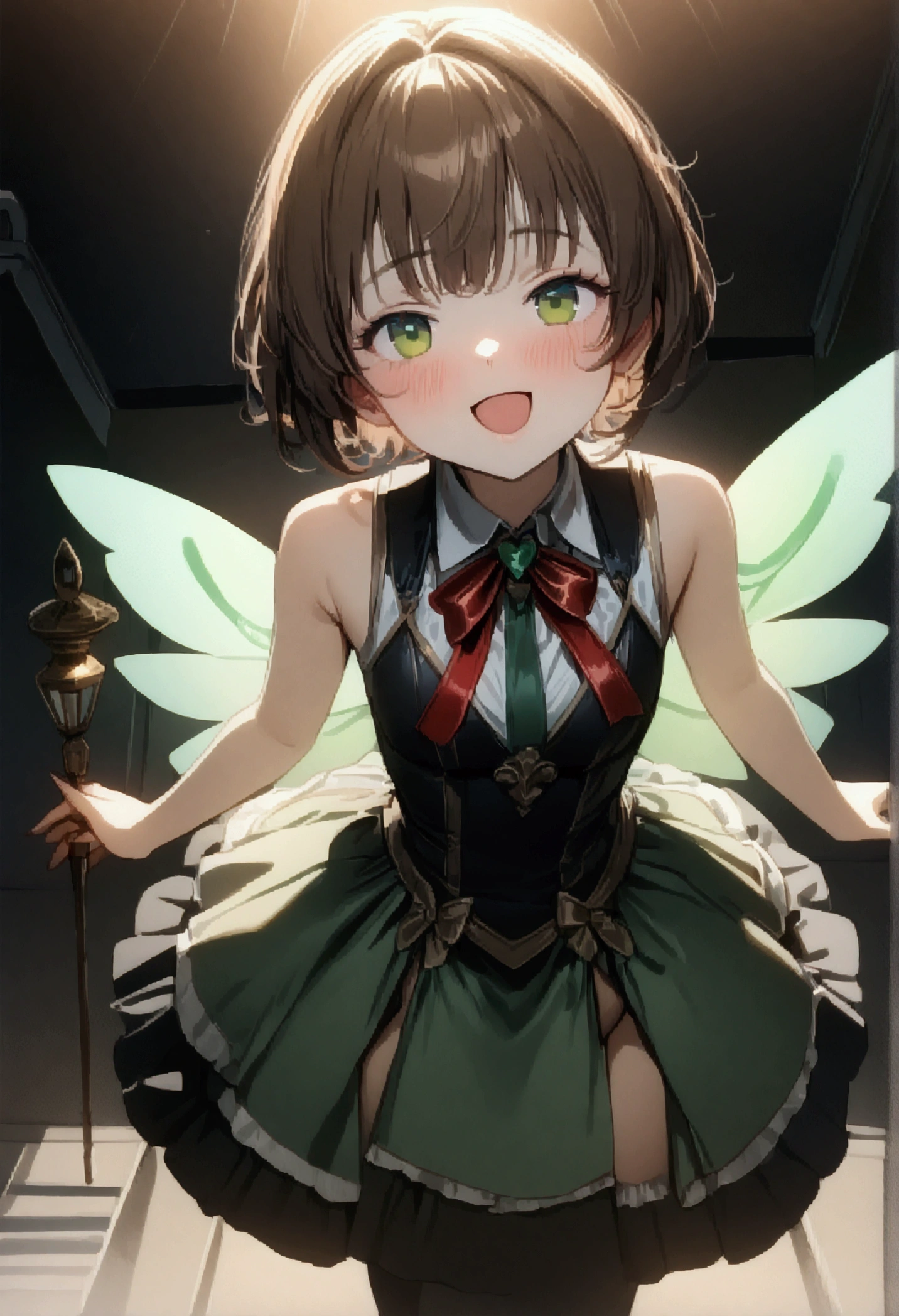 ((greatest masterpiece, ultimate quality, ultra-detailed, movie lighting, perfectly sensual:1.5, pov:1.5, 🔞:1.5)), 1girl, super fine illustration,extremely delicate and beautiful, 8K, Sakura Kinomoto\(Cardcaptor Sakura\), chestnut brown hair, short hair, emerald green eyes, perfectly sensual mini magical girl outfit, staff, excitement, heart eyes, cheerful smile, delicate features, magical scene, flustered face, background sparkles, blushing cheeks, bow :d different poses,