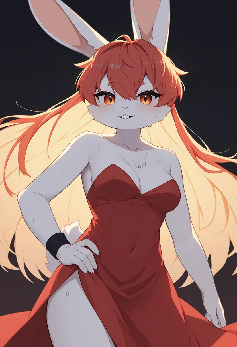 ((Masterpiece)), ((Best Quality)), (Very Detailed), ((Very Detailed)), 4K, (8K), very aesthetic, absurdres highres, 1 girl, (anthropomorphic Rabbit, furry, kemono:1.5), beautiful woman, tall, long eyelashes, athletic body, Flamenco dancers in red dresses dance passionately on stage. Sweat glistens on her body, and her movements are both supple and powerful. A spotlight shines on the dark background, bringing out the silhouettes of the audience. Warm colors and dramatic shadows emphasize the dancers' passion and tension. The movement of the dress adds dynamism and sharp concentration can be seen in the dancers' eye,