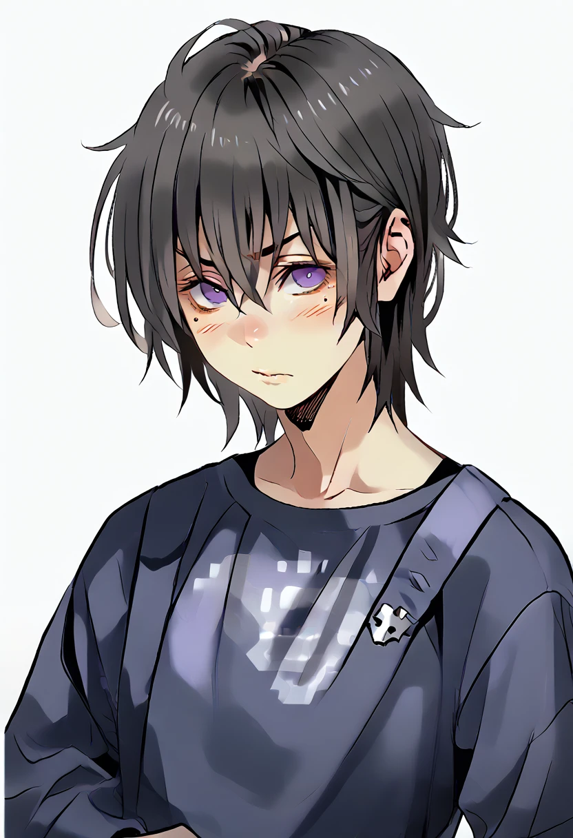 femboy, shy, messy hair, beauty marks, very tanned, medium length hair, black hair, purple eyes, fantasy clothing, wrenchftmfshn.