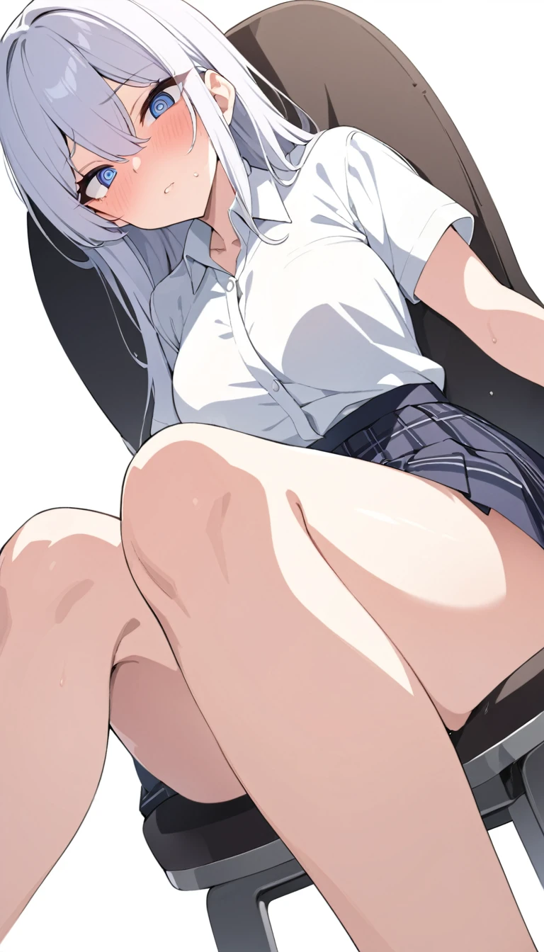 masterpiece, High resolution, perfect face, Japan beauties, 30 years old, beautiful face, white background, high school student, skirt, embarrassed look, look at the camera, (top quality eyes), detailed texture, Look at me, Married woman, cool women, ((high resolution eyes)), hentai, sitting on the chair, low angle
