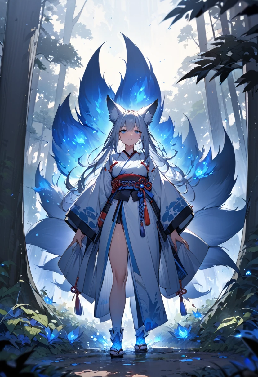 Masterpiece, Extremely detailed, beautiful, perfect face e, close distance shot, (A beautiful kitsune woman peering through the leaves in a dense forest) , {she is surrounded by motes of blue fire}, facing viewer, (dynamic pose) , fox ears, nine fox tails, traditional Japanese clothing. Japanese sandels, ((vegetation in the forground, dew, subject partially obscured by vegetation)) , ((moonlit night))