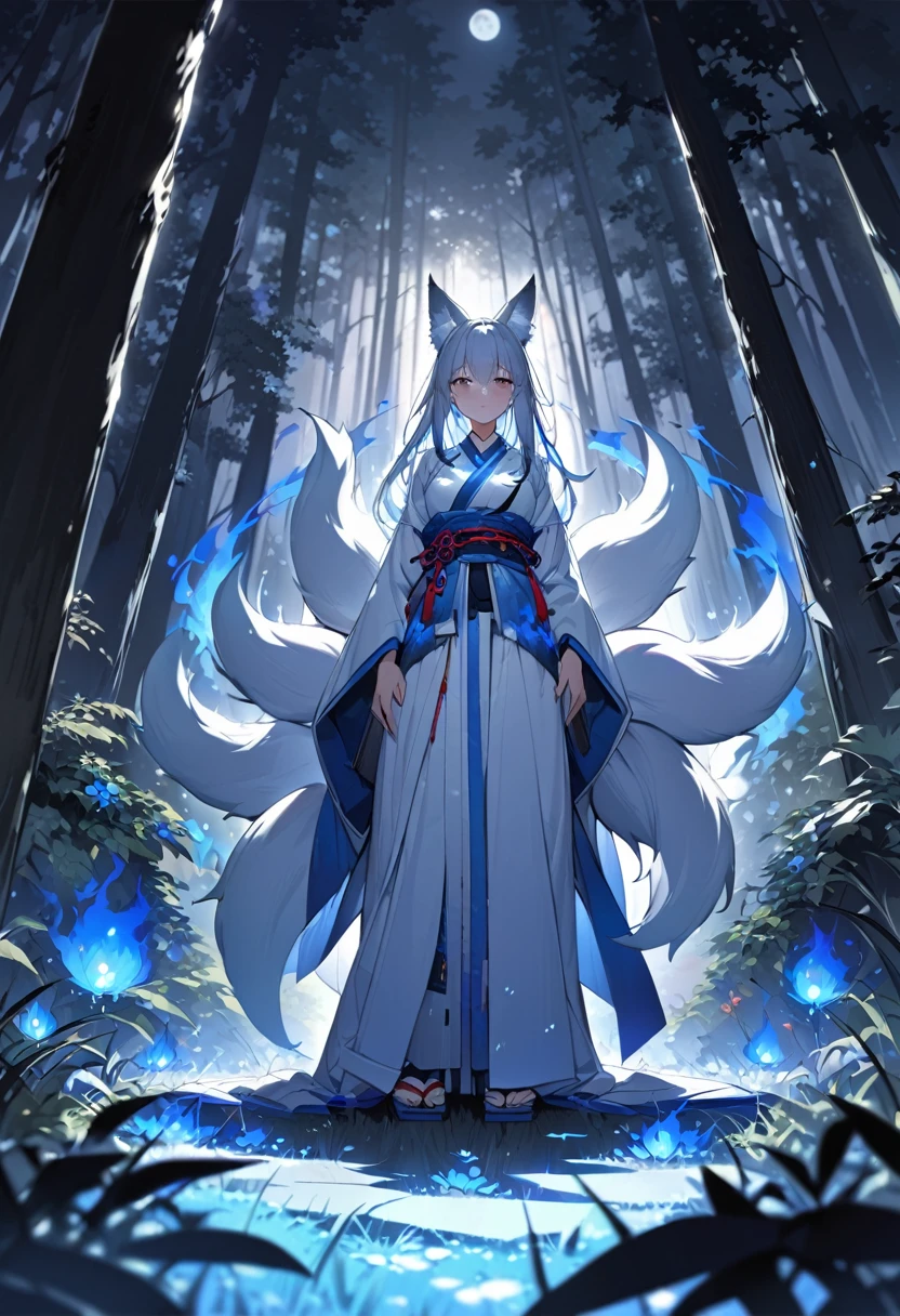 Masterpiece, Extremely detailed, beautiful, perfect face e, close distance shot, (A beautiful kitsune woman peering through the leaves in a dense forest) , {she is surrounded by motes of blue fire}, facing viewer, (dynamic pose) , fox ears, nine fox tails, traditional Japanese clothing. Japanese sandels, ((vegetation in the forground, dew, subject partially obscured by vegetation)) , ((moonlit night))