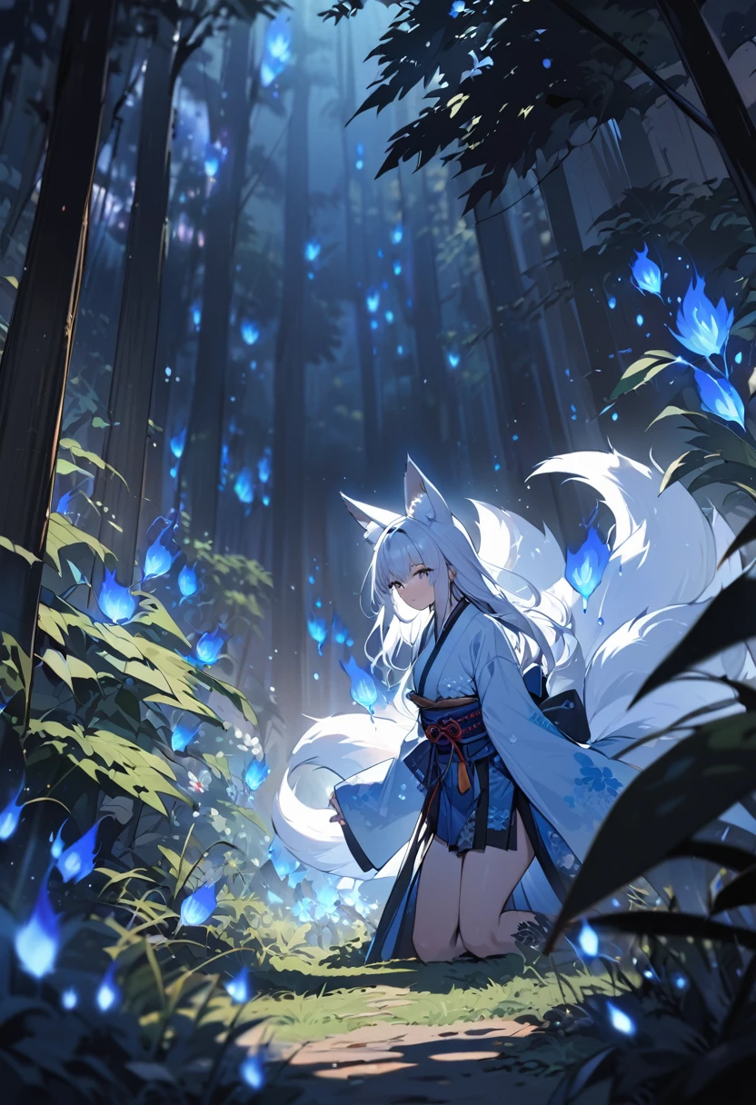 Masterpiece, Extremely detailed, beautiful, perfect face e, close distance shot, (A beautiful kitsune woman peering through the leaves in a dense forest) , {she is surrounded by motes of blue fire}, facing viewer, (dynamic pose) , fox ears, nine fox tails, traditional Japanese clothing. Japanese sandels, ((vegetation in the forground, dew, subject partially obscured by vegetation)) , ((moonlit night))
