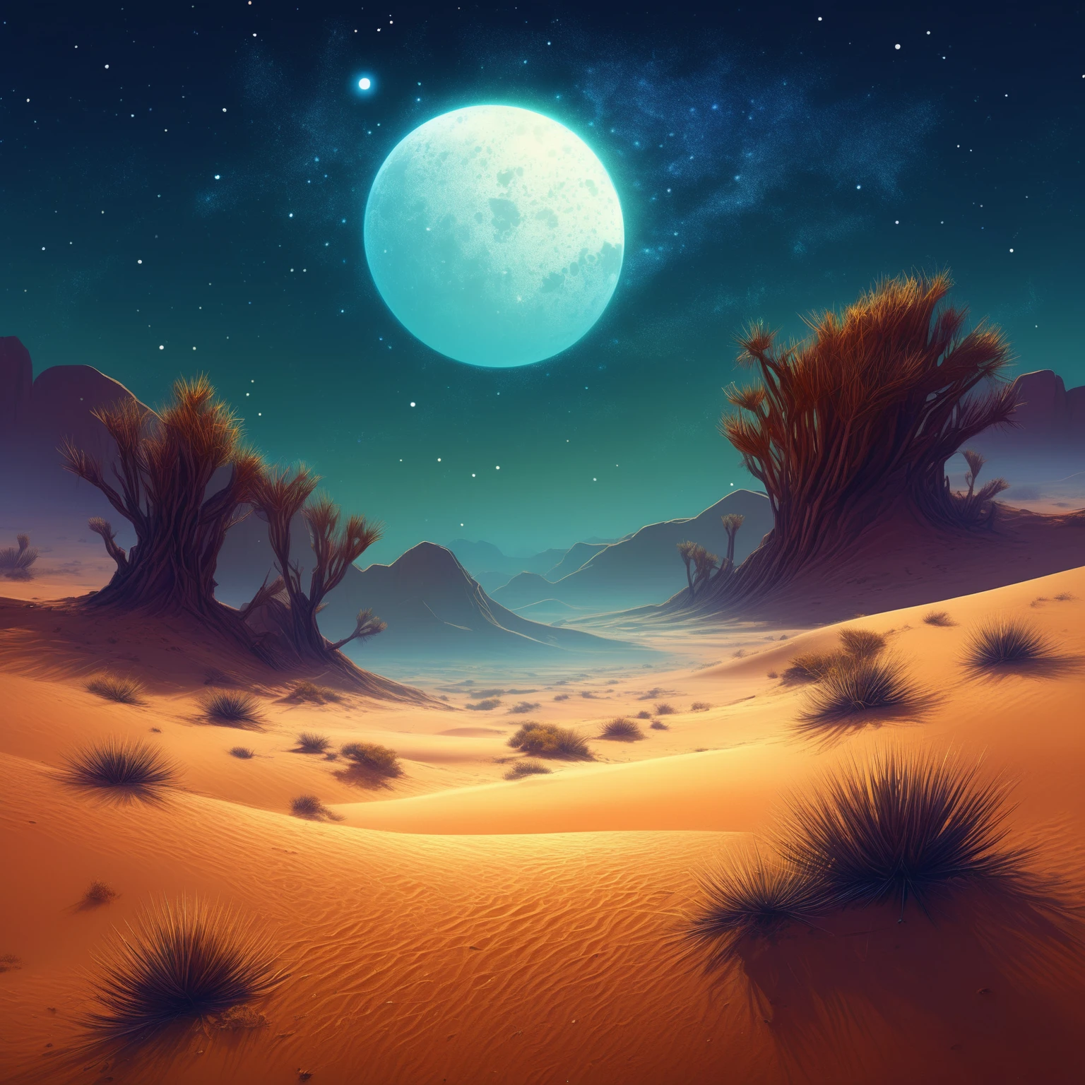 a view of a desert with a sky full of stars, sand desert fantasy, inspired by Cyril Rolando, Beeple y Jean Giraud, Beeple y Tim Hildebrandt, somewhere in the desert sands, Highly detailed 4k digital art, by Cyril Rolando, inspired by Mike Winkelmann, floating in the desert night,Dunes:
The dunes are high and undulating, with sharp ridges and smooth sides. The sand is a warm tone, like gold burned by the sun.
Some dunes are partially covered with resistant vegetation, such as small herbs or thorny bushes.
The Night Sky:
The sky is dotted with bright stars and nebulae. Nebulae form swirls of soft colors, like cosmic brushstrokes.
Distant galaxies spread in the background, creating a feeling of vastness and mystery.
Silhouettes of Camels and Flora:
In the distance, you can see silhouettes of camels moving slowly. Their humps are silhouetted against the starry sky.
Desert flora includes tall, prickly cacti, yuccas and solitary palms. Their shapes add visual interest to the landscape.
The atmosphere:
The air is cool and dry. You can feel the sand under your feet and hear the whisper of the wind.
Moon, in its growing phase, illuminates the dunes and the shadows lengthen on the sand.