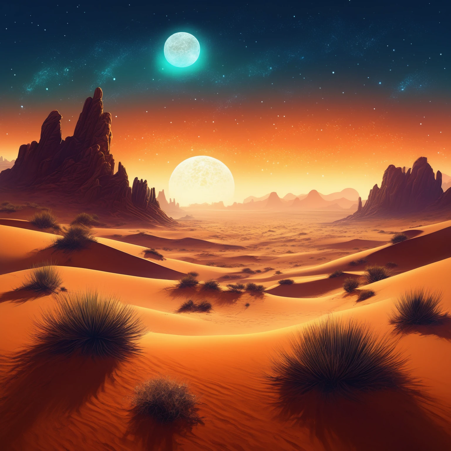 a view of a desert with a sky full of stars, sand desert fantasy, inspired by Cyril Rolando, Beeple y Jean Giraud, Beeple y Tim Hildebrandt, somewhere in the desert sands, Highly detailed 4k digital art, by Cyril Rolando, inspired by Mike Winkelmann, floating in the desert night,Dunes:
The dunes are high and undulating, with sharp ridges and smooth sides. The sand is a warm tone, like gold burned by the sun.
Some dunes are partially covered with resistant vegetation, such as small herbs or thorny bushes.
The Night Sky:
The sky is dotted with bright stars and nebulae. Nebulae form swirls of soft colors, like cosmic brushstrokes.
Distant galaxies spread in the background, creating a feeling of vastness and mystery.
Silhouettes of Camels and Flora:
In the distance, you can see silhouettes of camels moving slowly. Their humps are silhouetted against the starry sky.
Desert flora includes tall, prickly cacti, yuccas and solitary palms. Their shapes add visual interest to the landscape.
The atmosphere:
The air is cool and dry. You can feel the sand under your feet and hear the whisper of the wind.
Moon, in its growing phase, illuminates the dunes and the shadows lengthen on the sand.