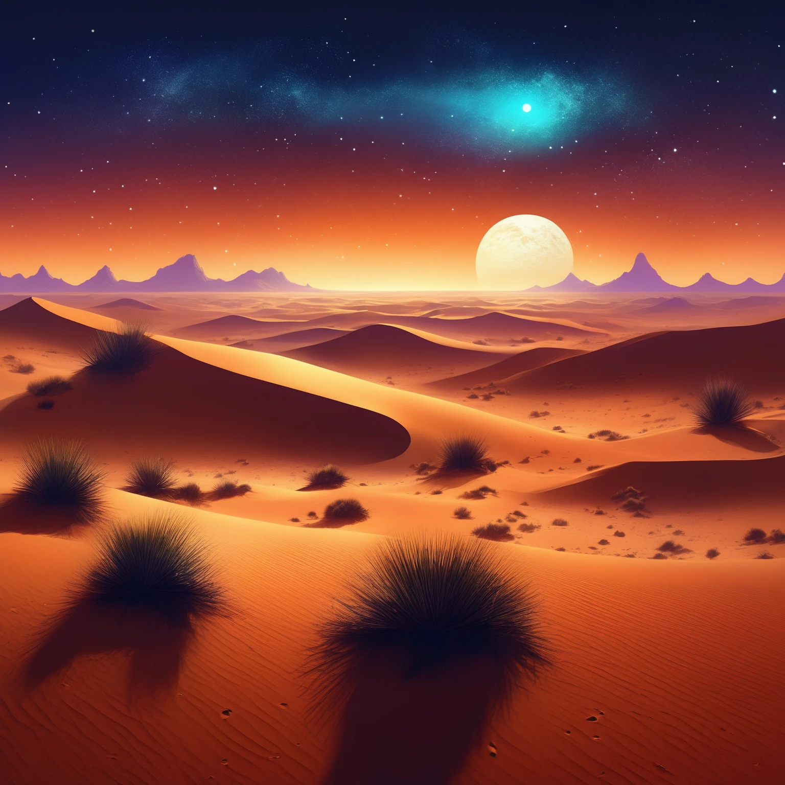 a view of a desert with a sky full of stars, sand desert fantasy, inspired by Cyril Rolando, Beeple y Jean Giraud, Beeple y Tim Hildebrandt, somewhere in the desert sands, Highly detailed 4k digital art, by Cyril Rolando, inspired by Mike Winkelmann, floating in the desert night,Dunes:
The dunes are high and undulating, with sharp ridges and smooth sides. The sand is a warm tone, like gold burned by the sun.
Some dunes are partially covered with resistant vegetation, such as small herbs or thorny bushes.
The Night Sky:
The sky is dotted with bright stars and nebulae. Nebulae form swirls of soft colors, like cosmic brushstrokes.
Distant galaxies spread in the background, creating a feeling of vastness and mystery.
Silhouettes of Camels and Flora:
In the distance, you can see silhouettes of camels moving slowly. Their humps are silhouetted against the starry sky.
Desert flora includes tall, prickly cacti, yuccas and solitary palms. Their shapes add visual interest to the landscape.
The atmosphere:
The air is cool and dry. You can feel the sand under your feet and hear the whisper of the wind.
Moon, in its growing phase, illuminates the dunes and the shadows lengthen on the sand.