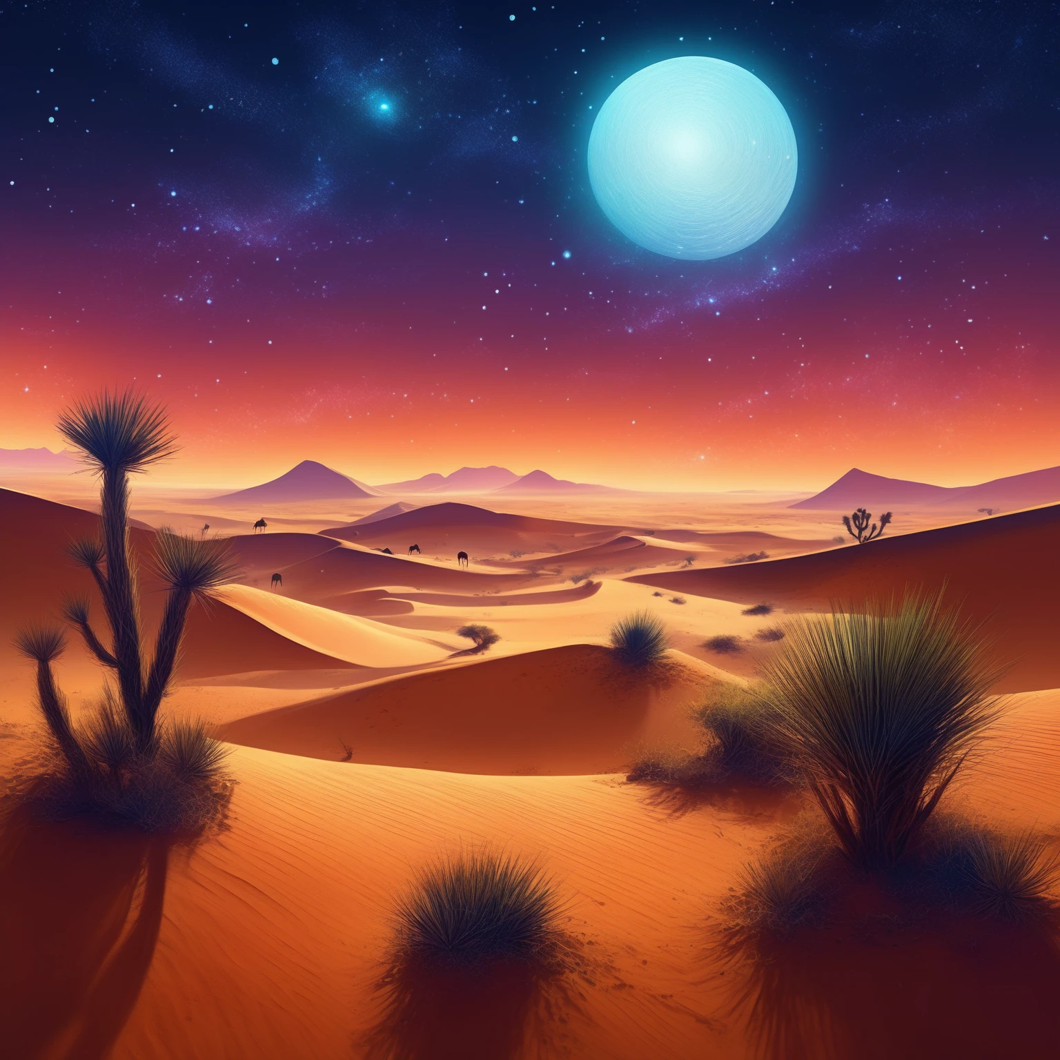 a view of a desert with a sky full of stars, sand desert fantasy, inspired by Cyril Rolando, Beeple y Jean Giraud, Beeple y Tim Hildebrandt, somewhere in the desert sands, Highly detailed 4k digital art, by Cyril Rolando, inspired by Mike Winkelmann, floating in the desert night,Dunes:
The dunes are high and undulating, with sharp ridges and smooth sides. The sand is a warm tone, like gold burned by the sun.
Some dunes are partially covered with resistant vegetation, such as small herbs or thorny bushes.
The Night Sky:
The sky is dotted with bright stars and nebulae. Nebulae form swirls of soft colors, like cosmic brushstrokes.
Distant galaxies spread in the background, creating a feeling of vastness and mystery.
Silhouettes of Camels and Flora:
In the distance, you can see silhouettes of camels moving slowly. Their humps are silhouetted against the starry sky.
Desert flora includes tall, prickly cacti, yuccas and solitary palms. Their shapes add visual interest to the landscape.
The atmosphere:
The air is cool and dry. You can feel the sand under your feet and hear the whisper of the wind.
Moon, in its growing phase, illuminates the dunes and the shadows lengthen on the sand.