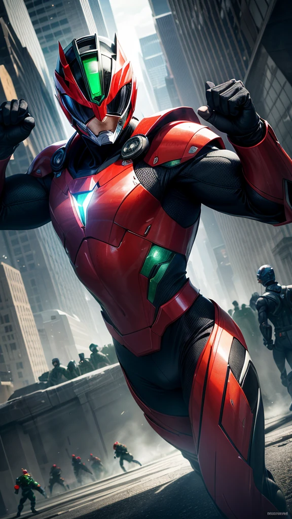 (masterpiece, Best image quality),Five men and women, Five people are red、green、green、white、Hero in a black suit, (Dynamic pose | Element Surround:1.2), Low angle view, Very detailed, Background of the metropolis, intense, Outdoor, Power Ranger