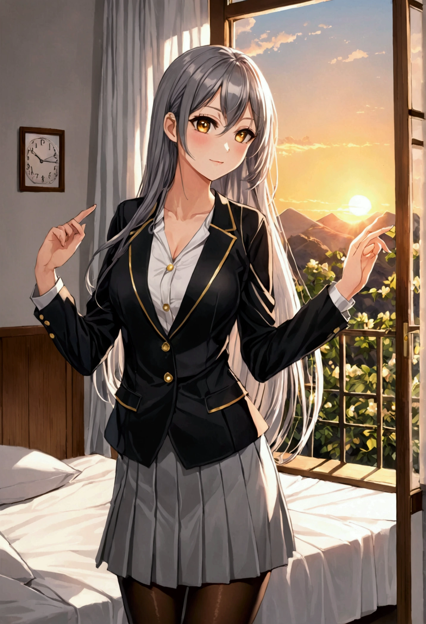 In a private institute for women, a beautiful female student, in the dormitory, in her room, with her back to the door, stroking her hair with her fingers, winking, blushing, looking at the viewer, slightly hunched back, simple decoration, feminine atmosphere, sunset, sunlight penetrating through the window, /(extremely long straight hair, almond-shaped eyes, hourglass-shaped athletic body, medium breasts, medium hip, medium waist, shapely legs, perfect fingers, Greek nose, perfect hands, triangular face,), /(uniform: white V-neck blouse long sleeves, gray pleated mini skirt, black satin blazer with gold buttons, black pantyhose, patent leather shoes,),