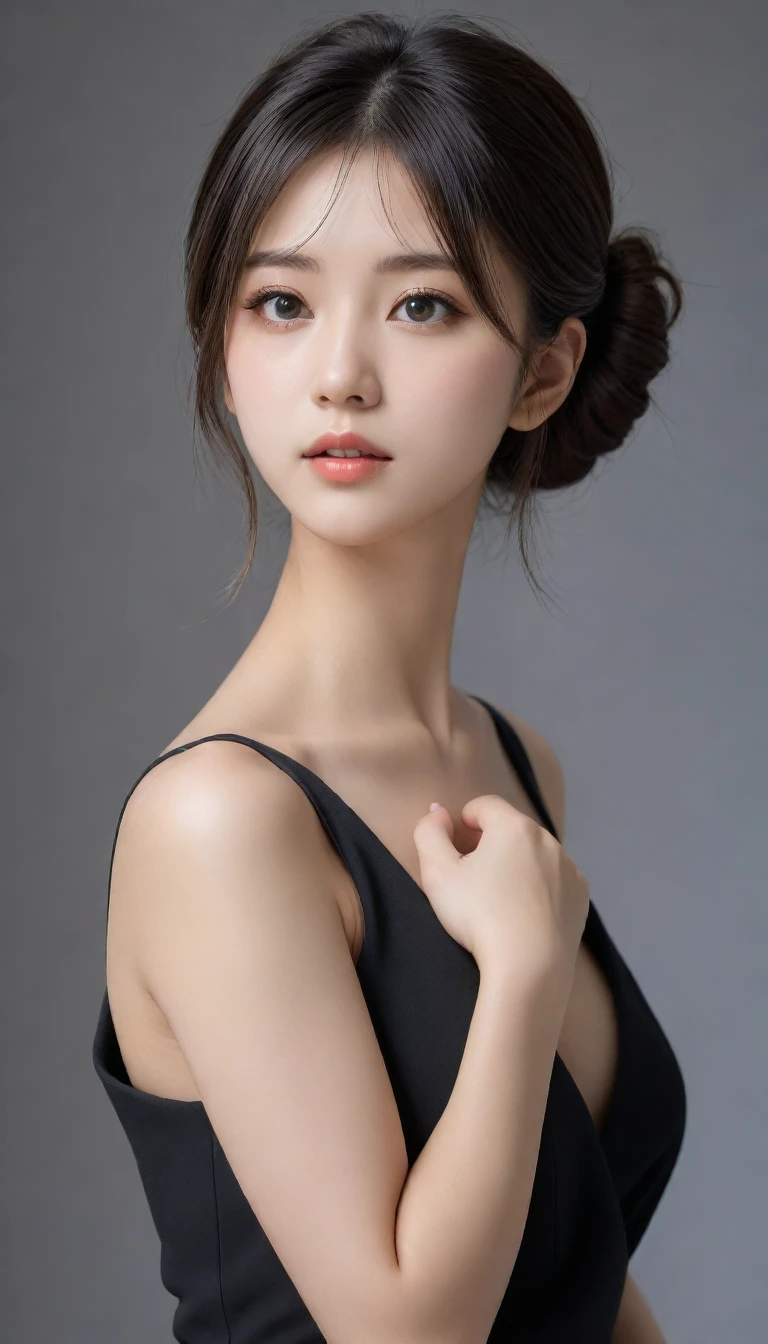 8k, Ultra-high resolution, Highest quality, masterpiece, 三分割法によるphotograph,Surreal, photograph, 1 Girl, (:1.3), pretty girl, Cute Face, Beautiful eyes in every detail, 細かくdetailedに,masterpiece,One Girl:1.2, Japan Female Announcer,full body,sad,streaming tears,Black short hair,Messy bun hair,(black suit:1.3),Nun's clothing,Black Pencil Skirt,(印象派の美しい少女のPortraiture), (Gray background:1.3),(Impressionist light and colour),Dedication to God,Beautiful leg line beauty,Realistic Skin, Perfect and beautiful face ,完璧でCute Face, Skin with attention to detail, Perfect limbs、Narrow waist,Looking at the audience、beauty,Long neck,clavicle,(((Ideal body type))),A cup small breasts :2,Portraiture:2,Perfect Anatomy,鮮明なdetailed,detailed,Surreal,Light and shadow,spotlight
