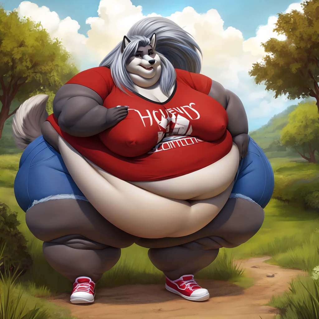 Grey wolf, female, long silver hair, huge breasts, huge hips, huge, huge belly, belly rolls, fat rolls,fat arms, fat legs, belly overhang, double chin, chubby cheeks, t-shirt, shorts, gorgeous, beautiful, eyelashes, voluptuous, plump, morbidly obese, solo,fat neck, huge belly ,shoes, outside, saggy breasts