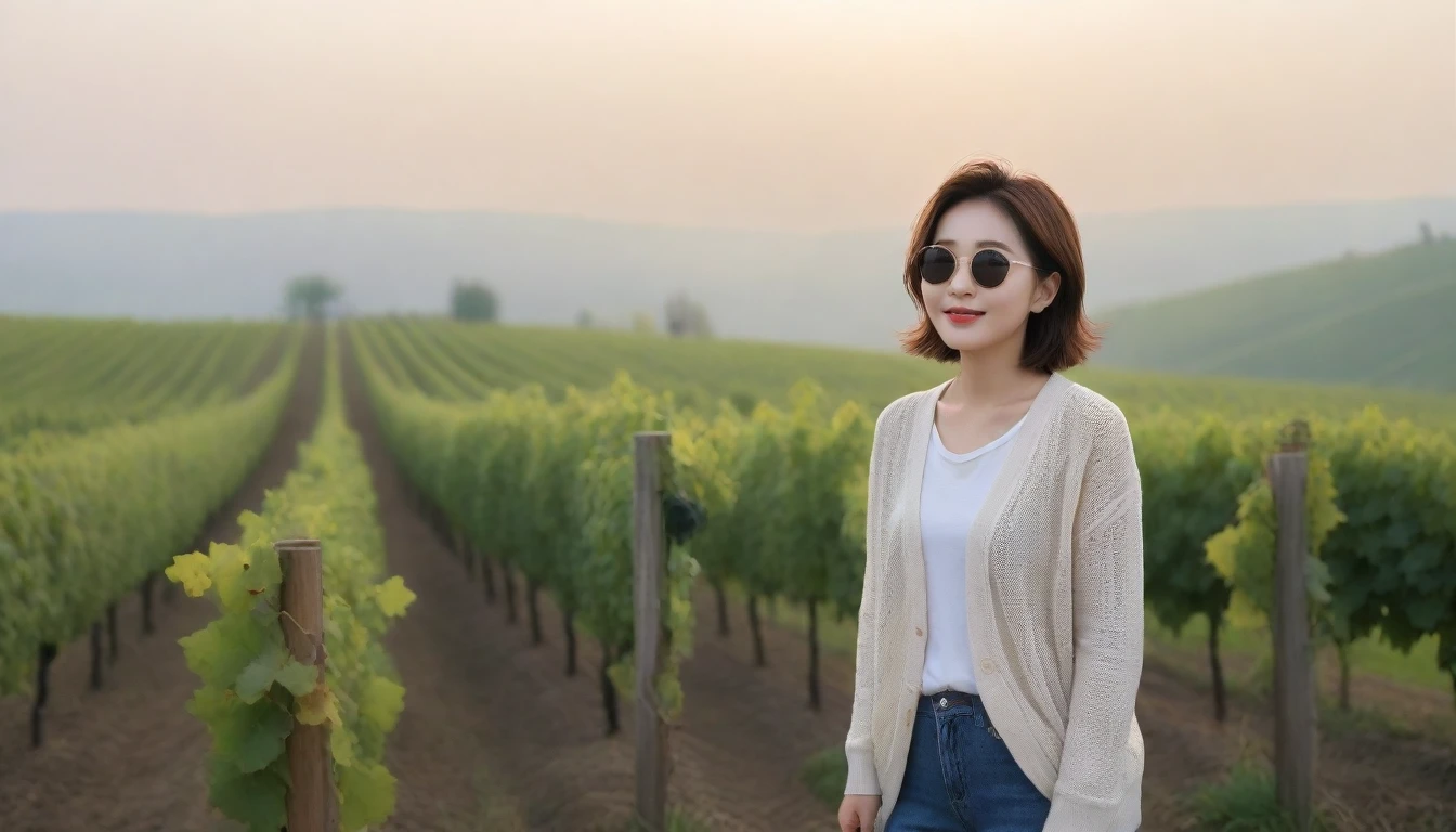 8k realistic, lifelike photo,, 36 year old Korean woman, Short in stature, pretty like a model. white shirt and short cardigan, casual pants, short medium hair, smiling, Italy. spring, vineyard, thick dawn fog. vineyard 지나 짙은 안개 속으로 멀리 성당이 보인다. Full body shot from afar with a wide angle lens , 1 woman, Short in stature, superb picture quality, The morning fog is getting thicker, The picture quality is alive... Full body shot with Canon 16-35 wide angle lens, Put on your horn-rimmed sunglasses and look to the side.
