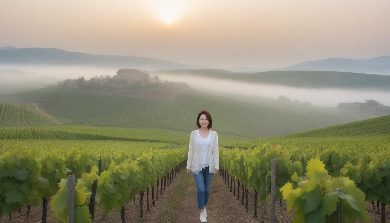 8k realistic, lifelike photo,, 36 year old Korean woman, Short in stature, pretty like a model. white shirt and short cardigan, casual pants, short medium hair, smiling, Italy. spring, vineyard, thick dawn fog. vineyard 지나 짙은 안개 속으로 멀리 성당이 보인다. Full body shot from afar with a wide angle lens , 1 woman, Short in stature, superb picture quality, The morning fog is getting thicker, The picture quality is alive... Full body shot with Canon 16-35 wide angle lens, Put on your horn-rimmed sunglasses and look to the side.