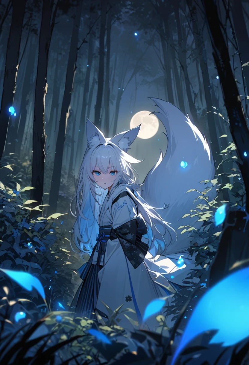 Masterpiece, Extremely detailed, beautiful, perfect face e, close distance shot, (A beautiful kitsune woman peering through the leaves in a dense forest) , {she is surrounded by motes of blue fire}, facing viewer, (dynamic pose) , fox ears, nine fox tails, traditional Japanese clothing. Japanese sandels, ((vegetation in the forground, dew, subject partially obscured by vegetation)) , ((moonlit night)) 