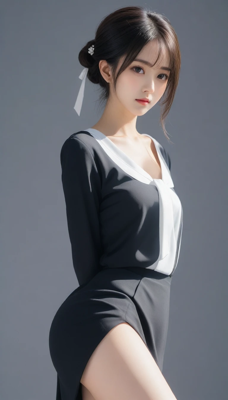 8k, Ultra-high resolution, Highest quality, masterpiece, 三分割法によるphotograph,Surreal, photograph, 1 Girl, (16 years old:1.3), pretty girl, Cute Face, Beautiful eyes in every detail, 細かくdetailedに,masterpiece,One Girl:1.2, Japan Female Announcer,full body,sad,streaming tears,Black short hair,Messy bun hair,(black suit:1.3),Nun's clothing,Black Pencil Skirt,(印象派の美しい少女のPortraiture), (Gray background:1.3),(Impressionist light and colour),Dedication to God,Beautiful leg line beauty,Realistic Skin, Perfect and beautiful face ,完璧でCute Face, Skin with attention to detail, Perfect limbs、Narrow waist,Looking at the audience、beauty,Long neck,clavicle,(((Ideal body type))),A cup small breasts :2,Portraiture:2,Perfect Anatomy,鮮明なdetailed,detailed,Surreal,Light and shadow,spotlight