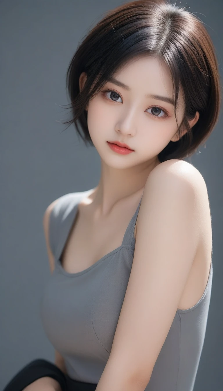 8k, Ultra-high resolution, Highest quality, masterpiece, 三分割法によるphotograph,Surreal, photograph, 1 Girl, (:1.3), pretty girl, Cute Face, Beautiful eyes in every detail, 細かくdetailedに,masterpiece,One Girl:1.2, Japan Female Announcer,full body,sad,streaming tears,Black short hair,Messy bun hair,(black suit:1.3),Nun's clothing,Black Pencil Skirt,(印象派の美しい少女のPortraiture), (Gray background:1.3),(Impressionist light and colour),Dedication to God,Beautiful leg line beauty,Realistic Skin, Perfect and beautiful face ,完璧でCute Face, Skin with attention to detail, Perfect limbs、Narrow waist,Looking at the audience、beauty,Long neck,clavicle,(((Ideal body type))),A cup small breasts :2,Portraiture:2,Perfect Anatomy,鮮明なdetailed,detailed,Surreal,Light and shadow,spotlight