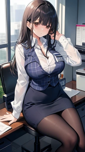 Highest quality, flying debris、Beautiful woman、officeレディー、Long black hair、(Brown eyes、Big Breasts、Blunt bangs)、チェック柄のダークブルーのofficeスーツ)、new employee,Full Body Shot、Female office lady、break(Dark blue checked vest、White dress shirt、Navy blue long tight pencil skirt:1.2)、(Black knee-highs、High heels)、break(office:1.3)、Cleavage、Shirt buttons fly off、garter belt