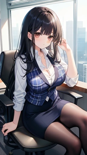 Highest quality, flying debris、Beautiful woman、officeレディー、Long black hair、(Brown eyes、Big Breasts、Blunt bangs)、チェック柄のダークブルーのofficeスーツ)、new employee,Full Body Shot、Female office lady、break(Dark blue checked vest、White dress shirt、Navy blue long tight pencil skirt:1.2)、(Black knee-highs、High heels)、break(office:1.3)、Cleavage、Shirt buttons fly off、garter belt