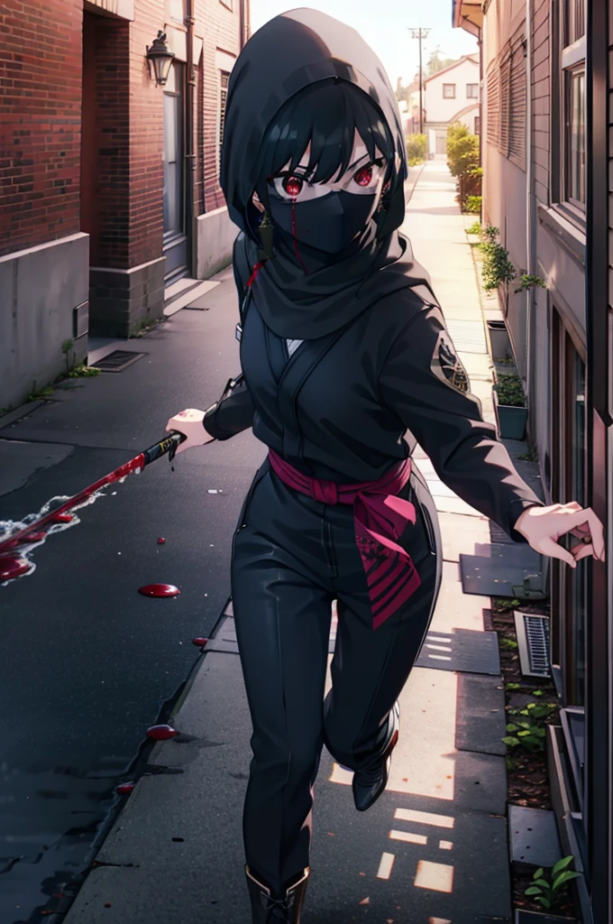 Yorbraia, Yor Briar, Black Hair, (Red eyes:1.5), Earrings, gold hair band, hair band, Long Hair, Side Lock, (Medium chest:1.2), Shadowed face,Hooded,Cover your mouth with a black scarf,strict,black Ninja uniform,Ninja,black Ninja pants,short boots,Action pose,Overlooking the city from the roof of the building,moon,moon明かり,night,moon光,whole bodyがイラストに入るように,Psychopath horror、Bloody、blood droplets,murder scene, Serial killer, Covered in blood　　　　　　　　　　　　　　　 break looking at viewer, whole body, 　　　　　　　　break outdoors ,Medieval European-style building, 　　　break (masterpiece:1.2), Highest quality, High resolution, unity 8k wallpaper, (shape:0.8), (Beautiful and beautiful eyes:1.6), Highly detailed face, Perfect lighting, Extremely detailed CG, (Perfect hands, Perfect Anatomy),