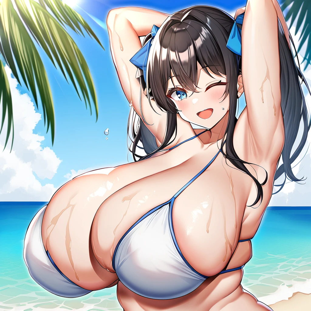 chomikuplus style, blue eyes, arms up, smile, blue sky, wet, ocean, twintails, black hair, leaf, 1girl, outdoors, blue ribbon, open mouth, one eye closed, beach, skindentation, ribbon, armpits, solo, day, gigantic breasts, arms behind head, long hair, swimsuit, bikini, hair ribbon, sky