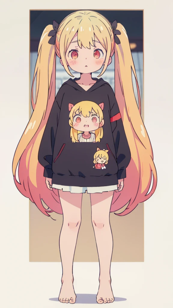 ((masterpiece))((Highest quality))girl、Confused eyes、blush、Flat Chest、Are thin、Blonde Hair、blush、Are standing、Whole body image、Eye level on face、、No background、Hair is two colors、Twin tails、Red Eyes、Two-tone red and yellow hair、Whole body image、Reflected to the toes