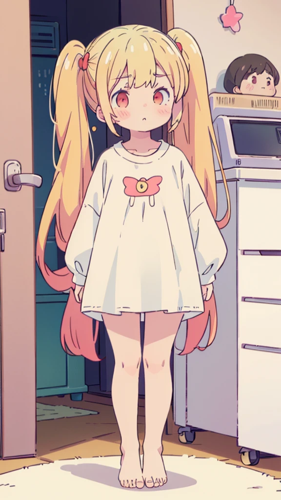 ((masterpiece))((Highest quality))girl、Confused eyes、blush、Flat Chest、Are thin、Blonde Hair、blush、Are standing、Whole body image、Eye level on face、、No background、Hair is two colors、Twin tails、Red Eyes、Two-tone red and yellow hair、Whole body image、Reflected to the toes