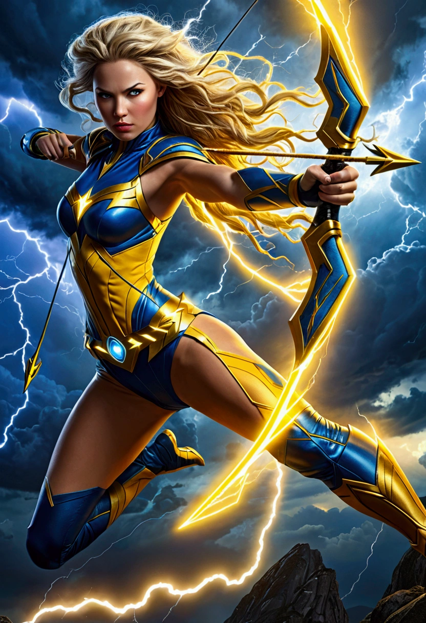 Katalina Thunderbolt, superheroine, Goddess of Thunder, mid-air pose, shooting lightning arrow, thunderbolt bow, sleek alluring form-fitting yellow costume, electrifying patterns, glowing accents, agile flexible physique, vibrant electric currents, dynamic stormy sky, bolts of lightning, swirling clouds, central composition, digital illustration, fantasy art, superhero art, intricate details, cinematic, ultra-detailed, 32k resolution, epic lighting, stunning composition, vibrant yellows, electric blues, stormy grays, beautiful masterpiece
