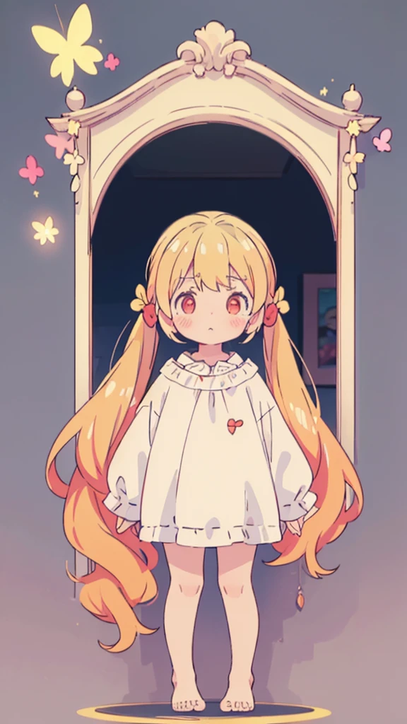 ((masterpiece))((Highest quality))girl、Confused eyes、blush、Flat Chest、Are thin、Blonde Hair、blush、Are standing、Whole body image、Eye level on face、、No background、Hair is two colors、Twin tails、Red Eyes、Two-tone red and yellow hair、Whole body image、Reflected to the toes
