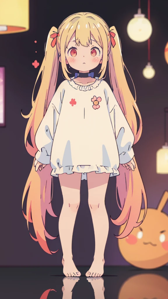 ((masterpiece))((Highest quality))girl、Confused eyes、blush、Flat Chest、Are thin、Blonde Hair、blush、Are standing、Whole body image、Eye level on face、、No background、Hair is two colors、Twin tails、Red Eyes、Two-tone red and yellow hair、Whole body image、Reflected to the toes