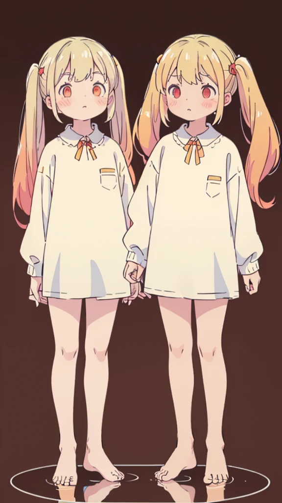 ((masterpiece))((Highest quality))girl、Confused eyes、blush、Flat Chest、Are thin、Blonde Hair、blush、Are standing、Whole body image、Eye level on face、、No background、Hair is two colors、Twin tails、Red Eyes、Two-tone red and yellow hair、Whole body image、Reflected to the toes