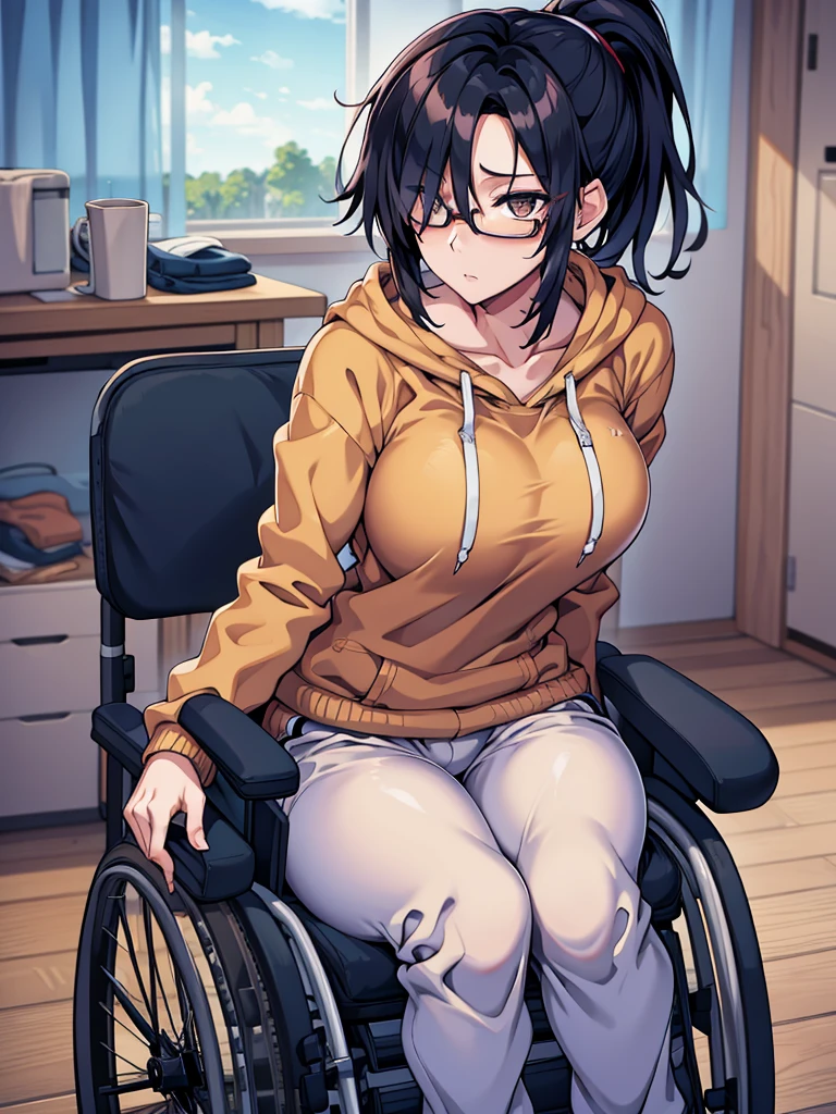 mature woman, hair over one eye, golden eyes, Tomboy, sweatpants, hoodie, looking at viewer, black short hair with a ponytail, bedroom, round glasses, bags under eyes, tired, solo, wheelchair