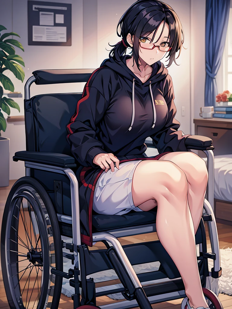 mature woman, hair over one eye, golden eyes, Tomboy, sweatpants, hoodie, looking at viewer, black short hair with a ponytail, bedroom, round glasses, bags under eyes, tired, solo, wheelchair