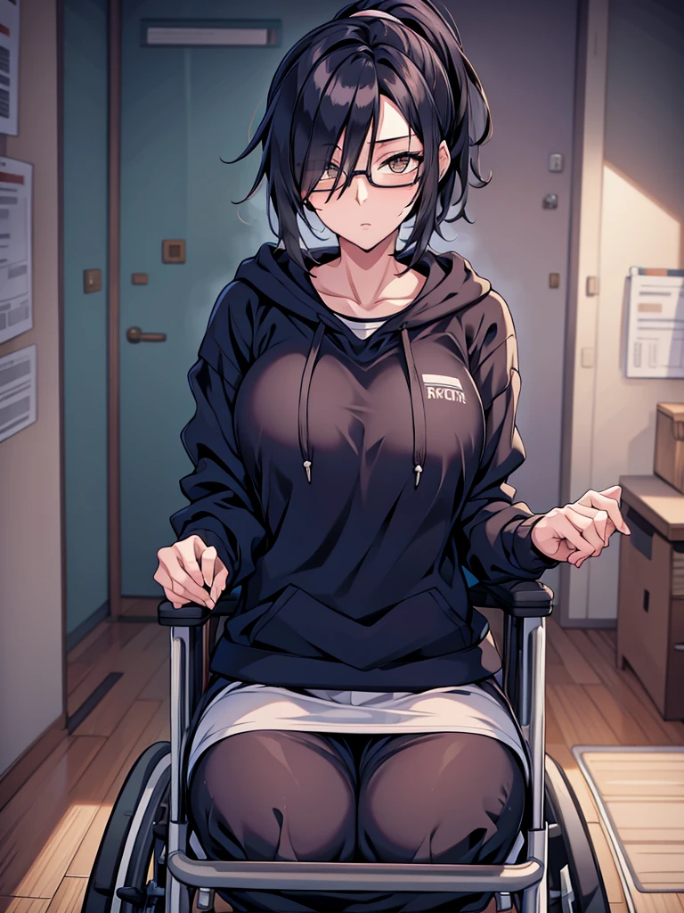 mature woman, hair over one eye, golden eyes, Tomboy, sweatpants, hoodie, looking at viewer, black short hair with a ponytail, bedroom, round glasses, bags under eyes, tired, solo, wheelchair