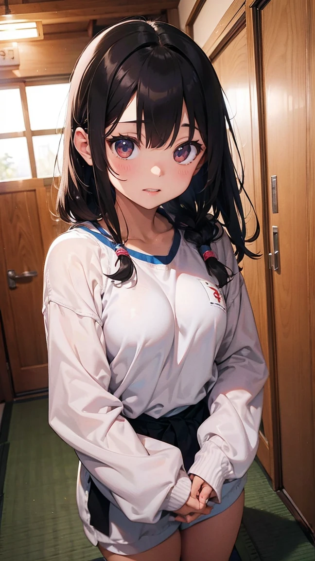 japanese girl, cute, elementary school student, black hair, twin tails, naked, blush, tits