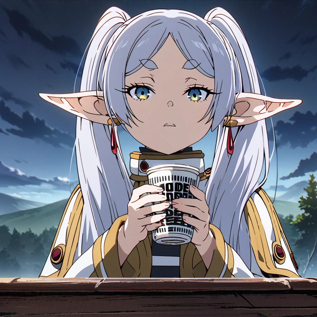 masterpiece, best quality, 4k、2D illustration, one beautiful girl, solo, frieren, pointy ears, elf, earrings, twintails, parted bangs, grey hair, thick eyebrows、((Serious Situations))、((serious face))、speaking something, ((long beautiful hair)), , standing, beautifully detailed eyes、((looking at viewer)), ((1 case of Cup Noodles)), ((sousou_no_frieren))、((close up shot))、((wilderness background))、((night))、((cloudy sky))、 