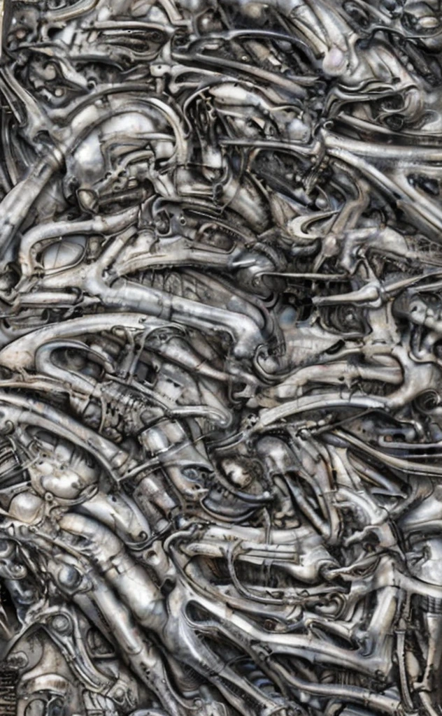 xgiger, The image is a detailed view of H.R. Giger's biomechanical tableau \" LANDSCAPE No 312 \" plate, featuring
a complex, intricate, and detailed design of endless Machine in the transit space over the cascade of fallen water, that appears to be a fusion of organic and mechanical elements, with a focus on the interplay between the two.The piece is a tableau, most likely created with a India ink pen or pencil on paper, determined by the thin lines, shading techniques, and the texture of the paper, which is visible around the edges.
Used is pen, given the shading and variations in line weight visible in the image. Artist have used a variety of stylus with different degrees of hardness to achieve the shading effects.
The use of undersaturated green-grays dark contrasts creates a stark and graphic look. Is used a variety of linework techniques to create different textures. Fine, parallel lines create a smooth, metallic texture,while thicker, more cursive lines suggest cables or wires.
Light source from the top highlights skeletals, pper part of foreground, lower part of image is in shadowupper part of foreground, lower part of image is in shadow.
The art performance showcases the artist’s skills in observation and rendering. The level of detail in the piece suggests a close study of real bone specimens and mechanics. The artist has skillfully used shading techniques to create a convincing illusion of three-dimensionality on a flat surface. The wrinkles and cracks in the surface, and the cast shadows with accuracy, used shading techniques to create a realistic depiction of light and shadow on the objects. This creates a sense of depth and dimension in the image. The artist has used careful linework to depict the contours and textures in the piece
Sharp focus on foreground elements illustration. Deep and delicate DOF. Big painting. Stored in Louvre masterpiece, ooze soaked pajama top