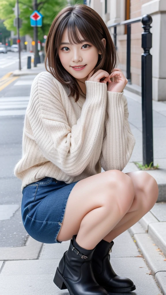 Photo taken by a professional photographer，laughter:1.5，Close-up of a woman squatting on the sidewalk, wearing a sweater, Short-cut brown hair, hair is disheveled，young and cute girl, Wearing a super super super super super super super mini skirt:1.5，Wear stylish boots，sit on a park bench:1.5，Fancy makeup with red eyeshadow，Beautiful thighs are visible，I can see white panties，