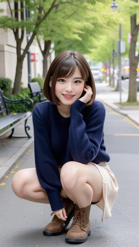 Photo taken by a professional photographer,laughter:1.5,Close-up of a woman squatting on the sidewalk, wearing a sweater, Short-cut brown hair, hair is disheveled,young and cute girl, Wearing a super super super super super super super mini skirt:1.5,Wear stylish boots,sit on a park bench:1.5,Fancy makeup with red eyeshadow,Beautiful thighs are visible,I can see white panties,