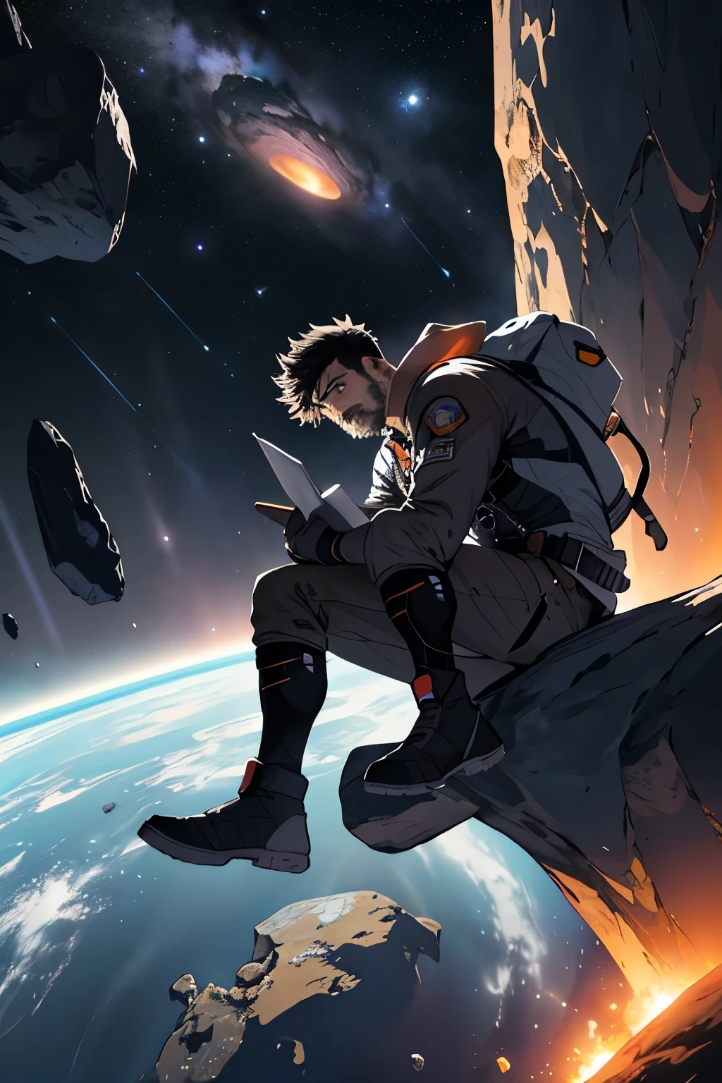 Draw a young programmer, sitting on a research platform floating in the middle of an asteroid belt. He is studying with a notebook, surrounded by several asteroids glowing with fiery auras. Dramatic lighting from distant stars and planets illuminates the scene, casting deep shadows on the suit. The young man looks confident and determined, looking at the vast and mysterious universe with wonder and respect,facial hair, cowboy shot,