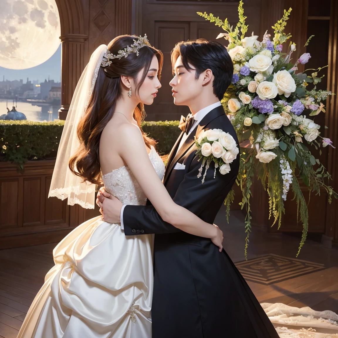 a beautiful princess with long flowing hair, stunning blue eyes, full lips, and an elegant dress, kissing a handsome prince with a chiseled jawline, intense gaze, and a well-tailored suit, hyper realistic, cinematic lighting, dramatic romantic mood, intricate details, vivid colors, digital art, masterpiece