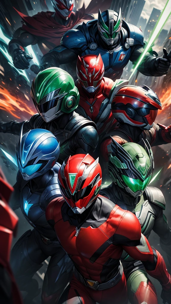 (masterpiece, Best image quality),Five men and women, Five heroes wearing red, blue, green, white and black suits, (Dynamic pose | Element Surround:1.2), Low angle view, Very detailed, Background of the metropolis, intense, Outdoor, Power Ranger, Squadron,