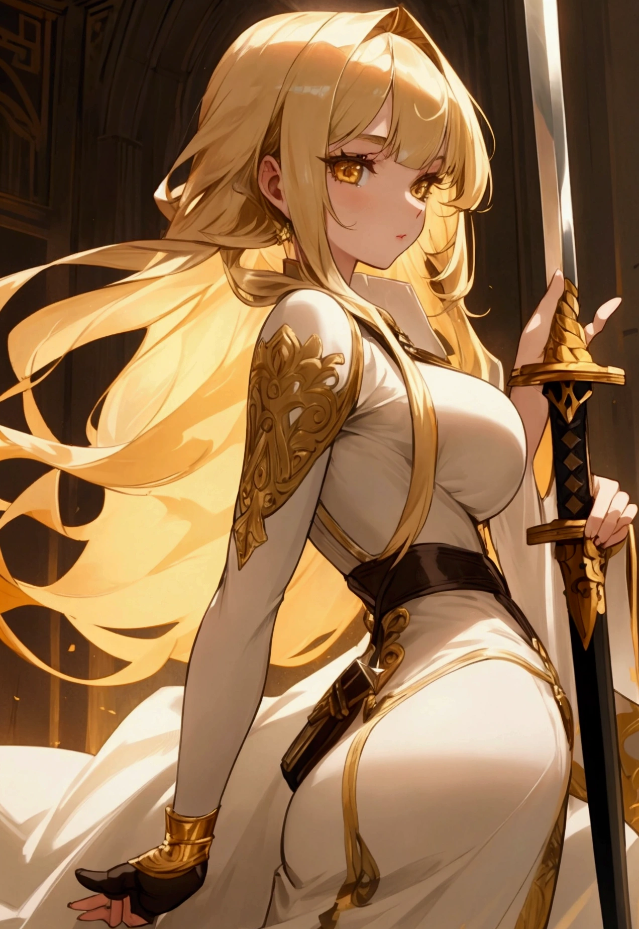 woman, 20's, beautiful, hero, blond hair, golden eyes, bangs, long hair, chlotes, had silver sword, medium breast