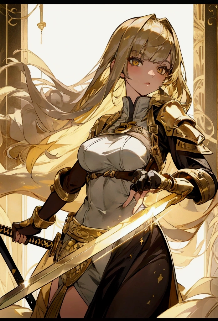 woman, 20's, beautiful, hero, blond hair, golden eyes, bangs, long hair, chlotes, had silver sword, medium breast