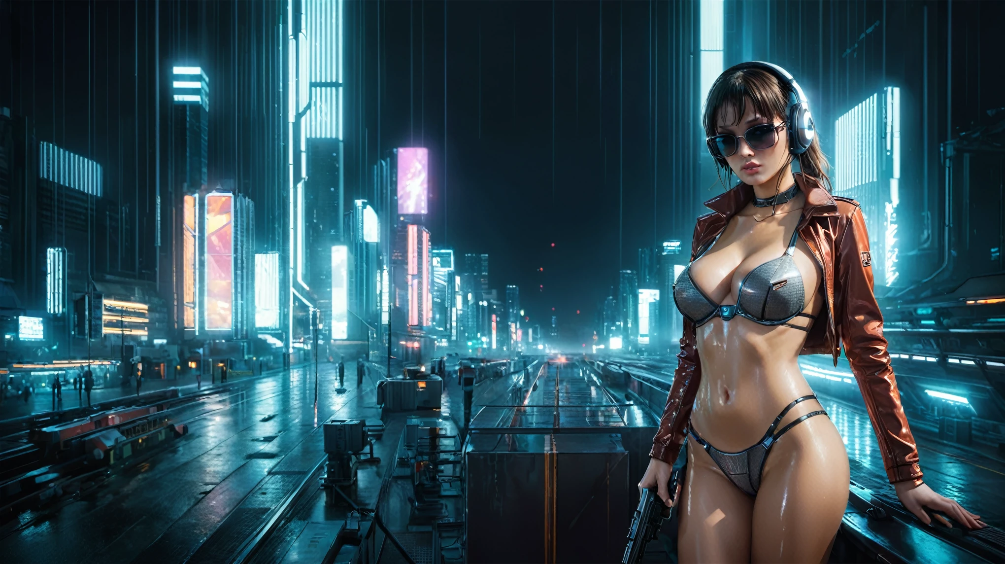(((aerial view))), Blade Runner style futuristic railway platform, hi-tech train, neon lights, rainy night. (1girl, solo, alone), large-breast:1.2 slim body, cleavage:1.1, sexy lingerie with wet jacket, headphone, (black sunglasses), (((she raised a pistol:1.8 and shot:1.8 the viewer))), dynamic pose, (((half-body thigh level medium shot))), cinematic lighting, lens flare, ray tracing, blurred:1.4 background.