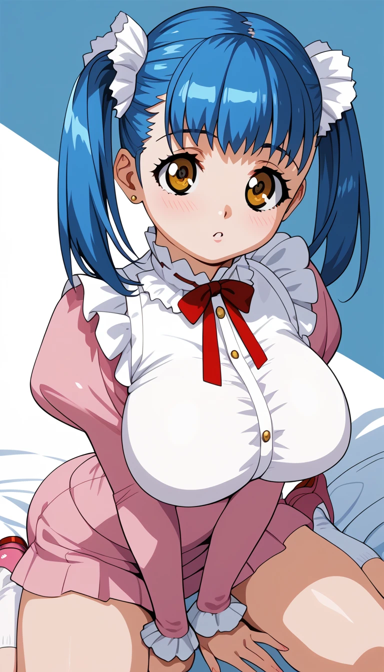 (Tuile(gravion)),huge breasts,blue hair,yerrow eyes,twintail,two side up,(mini dress),(white tight  shirt:1.3),(white frill:1),red ribbon,(pink skirt),(Pink sleeves),Pink Shoes、White socks